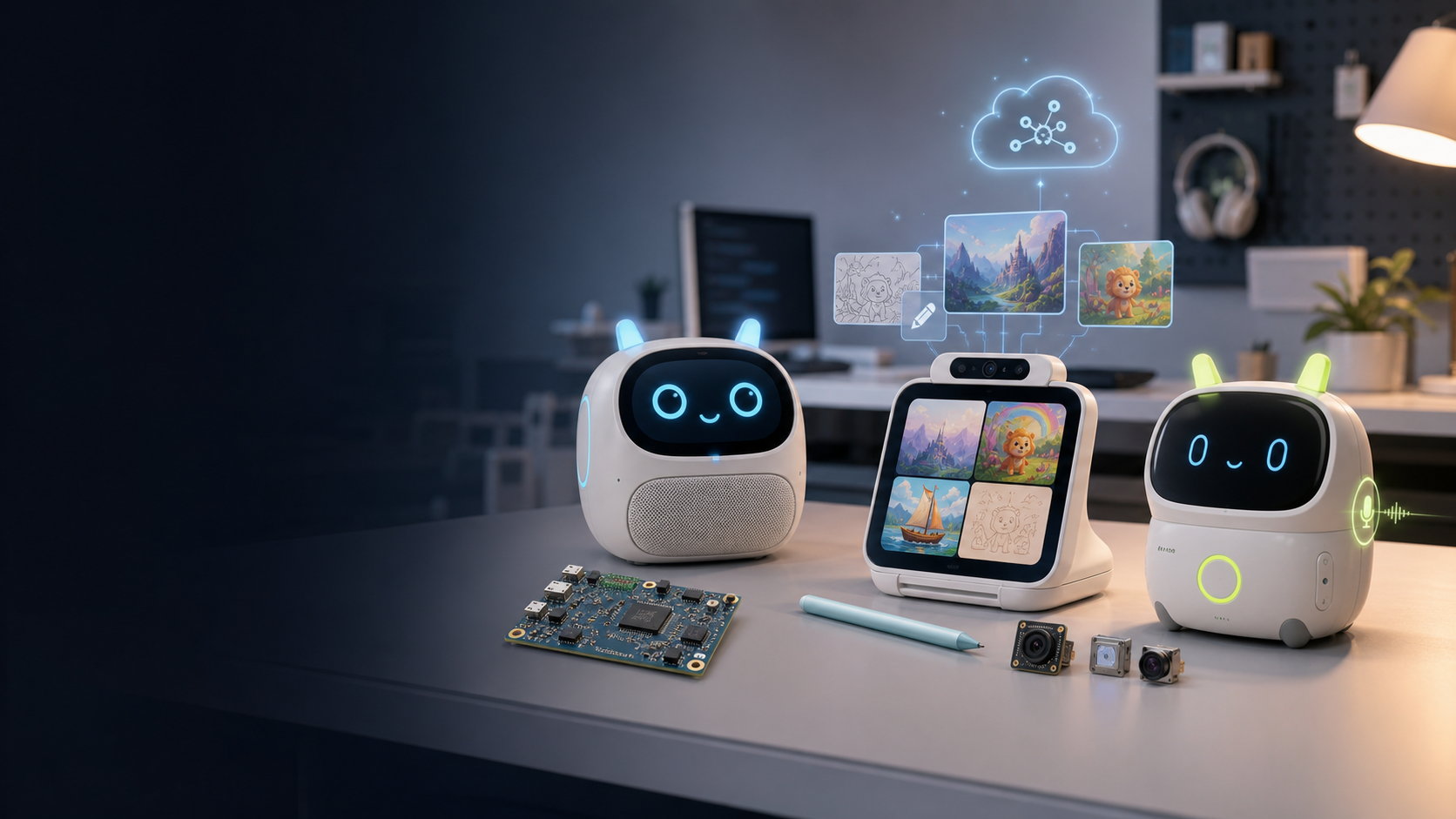 AI 智能玩具、PCBA 和生成式 AI 能力的产品主视觉